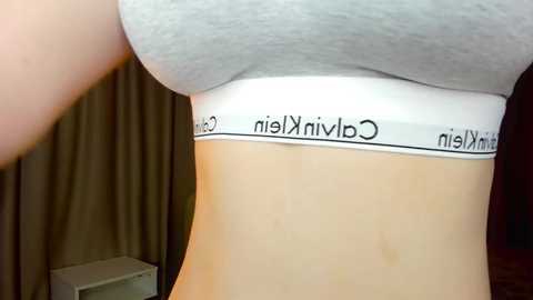 Media: Video of a light-skinned woman's midsection, wearing a grey Calvin Klein sports bra with white elastic waistband, partially visible in a dimly lit room with beige curtains.