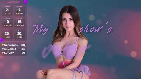 Media: Video of a slender, fair-skinned woman with long brown hair, wearing a purple lace lingerie set, sitting on a bench against a blurred, multi-colored background. Text overlay reads \"My Shower 5.\