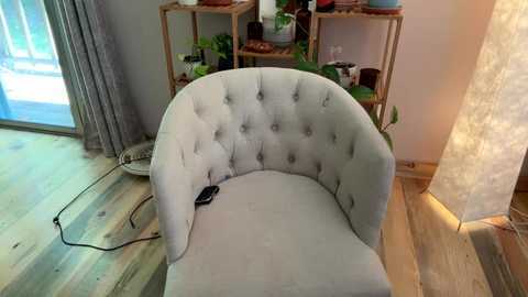 Media: Video of a light-gray, tufted armchair with a black remote control on the floor, surrounded by wooden furniture and green plants in a warmly lit room with light wooden floors.