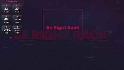 Media: A digital screen capture of a video game interface with a dark, neon-lit background. The center displays \"Be Right Back\" in red text. Statistics and options are visible on the left side.