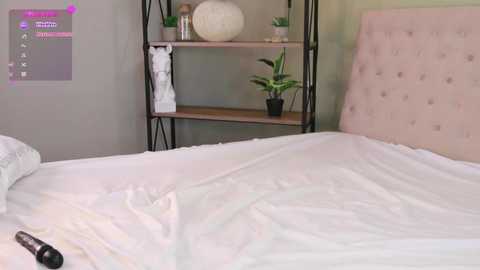 Media: Video of a minimalist bedroom with a white bed, beige upholstered headboard, and a black metal shelf holding green plants, a white teddy bear, and a decorative ball. A remote control lies on the bed.