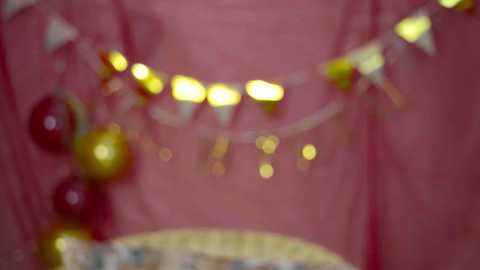 Media: A close-up video of a person's neck adorned with a festive garland of small, glowing fairy lights and gold, red, and white beads, set against a pink, sheer fabric background.