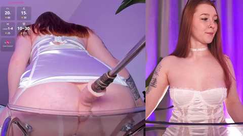 Media: Video of a fair-skinned woman with red hair wearing a white, lacy lingerie bodysuit, and a choker. She is bent over, exposing her buttocks, while a metallic pole penetrates her anus. The background shows a purple-lit room with a glass table.