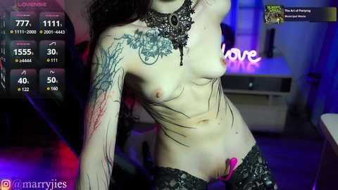 Media: Video of a pale-skinned woman with black hair, wearing black lace lingerie, tattoos, and a choker, posing seductively in a dimly lit room with a \"love\" sign.