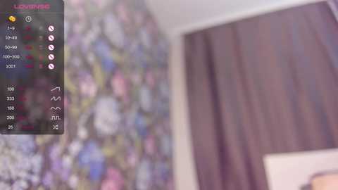 Media: A blurred video of a bedroom with a floral-patterned wallpaper, a dark brown curtain, and a partially visible framed picture on the right. A smartphone screen displaying a video recording interface is on the left.