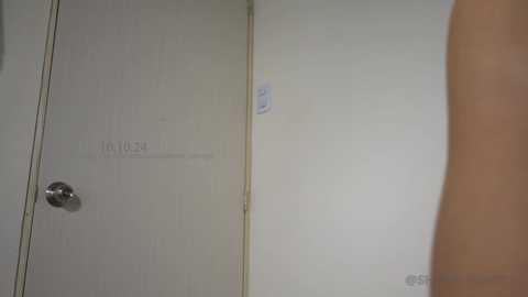 Media: A video of a plain white wall with a light switch and a silver doorknob, featuring a partially visible person's arm on the right side.