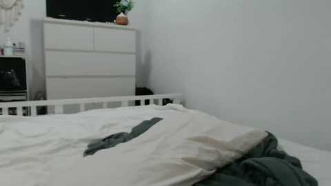 Media: Video of a minimalist bedroom with a white dresser, potted plant, and a bed with white sheets and a dark green blanket.