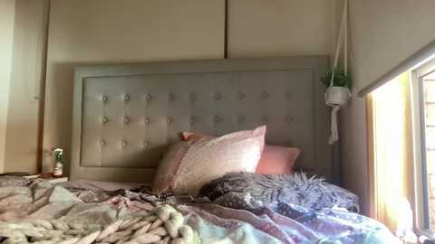 Media: Video of a cozy bedroom with a light beige, tufted headboard, a pink pillow, a messy bed with a gray blanket, and a plant hanging from the wall.