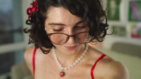 Media: A video of a fair-skinned woman with short curly dark hair adorned with red flowers, wearing glasses and a red strapless dress with a pearl necklace. She gazes downward in a softly lit room with blurred bookshelves in the background.