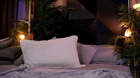 Media: Video of a cozy bedroom with a large white pillow on a bed, surrounded by lush green plants and warm-toned, dimly lit lamps, creating a serene, inviting atmosphere.