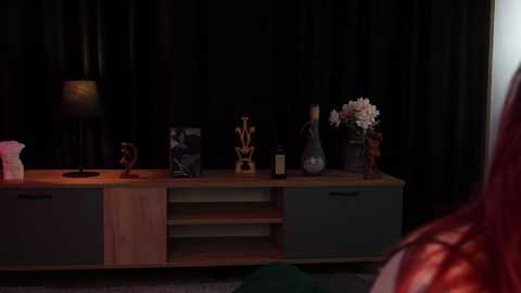 Media: Video of a dimly lit room with a wooden cabinet against black curtains. The cabinet holds a ceramic figurine, a lamp, and a vase of white flowers. A person's arm and red garment are partially visible in the foreground.