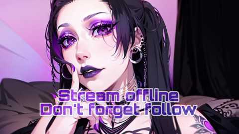 Media: Video of a young woman with dark hair, dramatic makeup, and tattoos, wearing black clothing, against a purple background. Text overlay reads \"Stream, Offline Don't forget.\