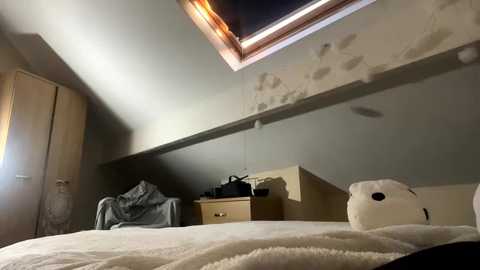 Media: A video of a dimly lit attic bedroom with a sloped ceiling, featuring a small window, a wooden desk with a black camera, and a plush toy bear on a white bed.