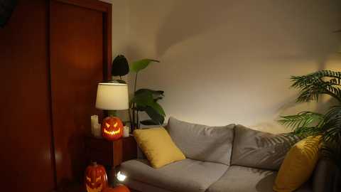 Media: A cozy, Halloween-themed living room photo featuring a gray couch, a wooden side table with a green plant and a pumpkin lamp, a jack-o'-lantern, and a potted palm plant.