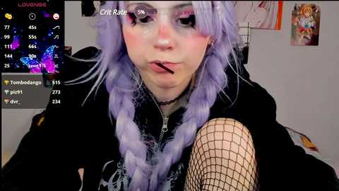 Media: Video of a young woman with lavender hair, wearing a black hoodie and fishnet tights, licking a lollipop. Background includes a pink poster and a digital interface with streaming stats.