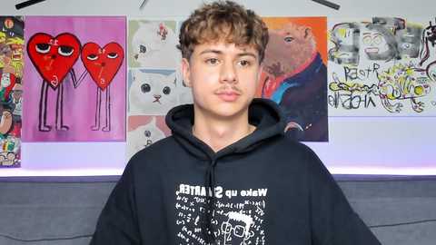 Media: Video of a young, curly-haired, fair-skinned boy in a black hoodie with white text, standing in front of a wall adorned with colorful, abstract art.