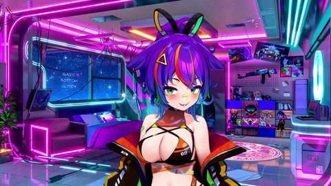 Media: A vibrant, anime-style digital drawing features a young woman with purple hair, large breasts, and green eyes, wearing a revealing black bikini top and jacket. The background is a futuristic, neon-lit room with a large TV screen and various gadgets.