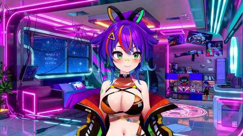 Media: Anime-style CGI image of a purple-haired, green-eyed, cat-eared girl in a revealing black and orange bikini, standing in a futuristic, neon-lit room with glowing neon lights, futuristic gadgets, and a large window displaying a starry night sky.