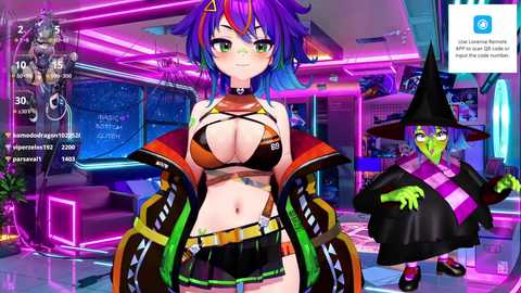 Media: CGI image of a busty, blue-haired anime girl in a skimpy outfit with a green frog witch, set in a futuristic, neon-lit room.