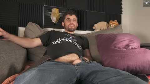 Media: Video of a bearded man with short dark hair, wearing a black t-shirt and jeans, lounging on a grey couch with plush pillows. Background features a wooden wall with a mounted shield and stuffed toys.