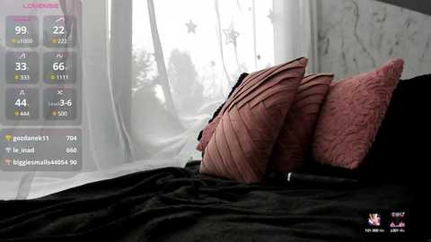 Media: Video of a dimly lit bedroom with three pink, textured pillows on a black bedspread, white curtains with star patterns, and a digital game interface on the left side.