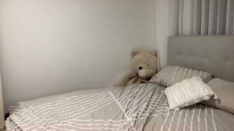 Media: Video of a minimalist bedroom with a beige teddy bear hugging a pillow, against a white wall and a light gray upholstered headboard. The bed is neatly made with striped bedding in neutral tones.