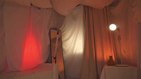 Media: Video of a dimly lit, intimate bedroom with sheer white curtains, a standing mirror, a bedside table with a lamp, and a red light casting a warm glow on the left wall.