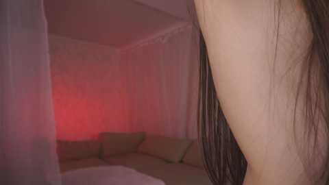 Media: Video of a dimly lit bedroom with soft, pinkish-red lighting. The focus is on a woman's long, straight, dark hair, cascading down her back. The background features a bed with white sheets and green pillows, creating a serene, intimate atmosphere.