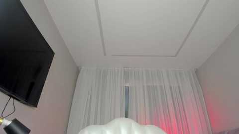 Media: Video of a modern, minimalist bedroom with a white ceiling, a flat-screen TV mounted on the left wall, sheer white curtains, and a white bed with a soft, plush headboard. The room has a serene, clean aesthetic.