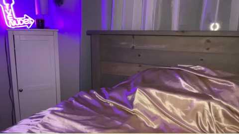 Media: A video of a bedroom with a bed covered in a shimmering, pale pink satin sheet. The headboard is wooden, and the room is dimly lit with purple and white lights.