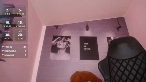 Media: Video of a modern room with a pink wall, featuring a black-and-white framed photo of a woman's face and a black chair with a black and white patterned seat. Digital elements include a menu with options and a virtual camera.