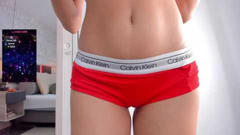 Media: Video of a woman's midsection wearing red Calvin Klein underwear with white elastic waistband, standing in a modern bedroom with a TV showing a football game, gray couch, and white walls.