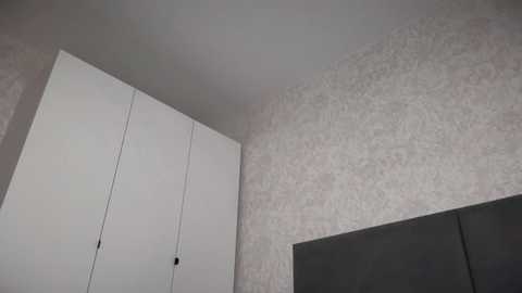 Media: Video of a minimalist bedroom corner featuring a white, textured wall with a large, sleek, white cabinet on the left and a dark, padded headboard on the right.