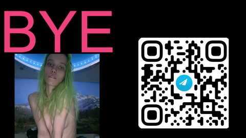 Media: Video of a topless, fair-skinned woman with green hair, standing in a bedroom with a mountain scene. Beside her is a black-and-white QR code.