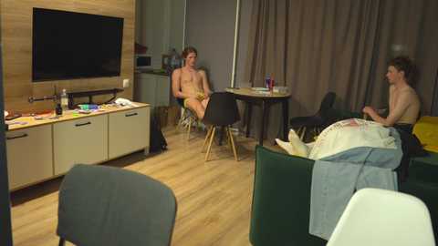 Media: Video of a modern living room with two shirtless young men, one on a chair, the other on a couch, playing video games.