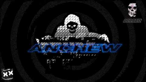 Media: A digital drawing of a menacing hooded figure with a skull mask, set against a black, spiraling background. Text \"ANACHRON\" in blue is prominently displayed. Logo features pixelated graphics and an \"X\" symbol.