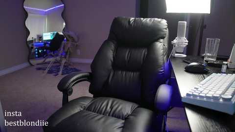 Media: A video of a modern office setup featuring a black leather office chair, desk, monitor, keyboard, and a white mouse. The room has a purple accent light, a mirror, and a glass desk organizer.