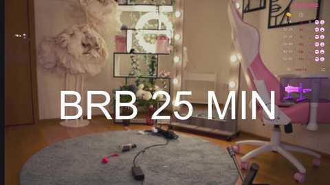 Media: Video of a cozy gaming room with a pink gaming chair, a white and gray desk, and a large circular rug. Text overlays read \"BRR 25 MIN.\