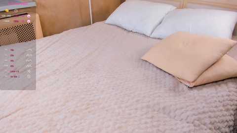 Video of a neatly made bed with light beige sheets, two beige pillows, and a beige throw pillow. Wooden headboard and side table with a pink and white patterned blanket are visible in the background.