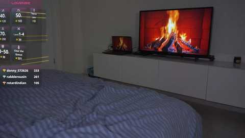 Media: Video of a modern bedroom with a flat-screen TV displaying a fire scene. Bed with a striped blue blanket in the foreground. White dresser below TV.