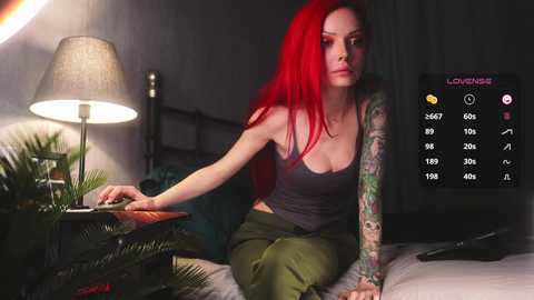 Media: Video of a red-haired tattooed woman in a grey tank top and olive pants, sitting on a bed with ferns and a lamp in a dimly-lit room.