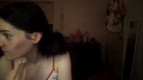 Media: A dimly lit video shows a young woman with dark hair, wearing a red and white patterned bra, holding a spoon in a cluttered, beige-toned room.