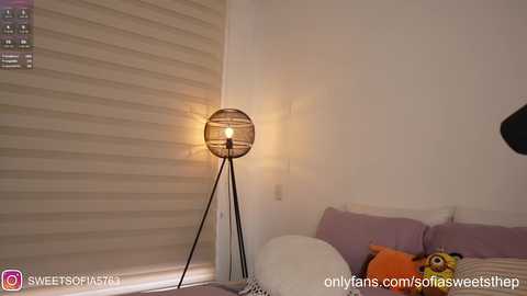 Media: Video of a modern, minimalist bedroom with a beige wood-paneled wall, a tall, black tripod lamp with a spherical shade, and a bed with white sheets and a stuffed animal.