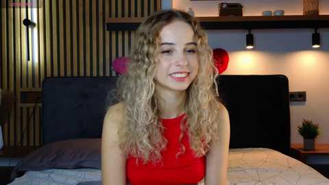 Media: Video of a smiling young woman with curly blonde hair, wearing a red sleeveless top, sitting on a bed with a gray headboard in a modern bedroom with wooden accents and soft lighting.