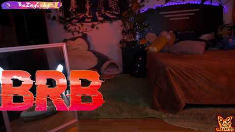 Media: A video of a cozy bedroom with a large bed, plush toys, and a mirrored dresser. The room is dimly lit with purple and pink lights, and the word \"BBR\" is prominently displayed in red.