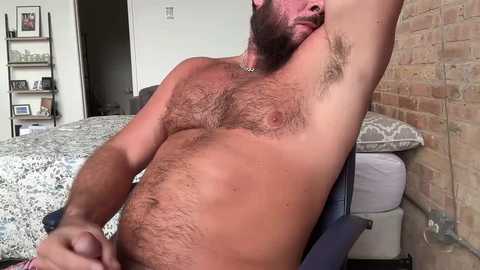 Media: Video of a bearded, muscular, hairy-chested man with fair skin, sitting on a chair, scratching his chest, in a modern bedroom with a gray bedspread, brick wall, and bookshelves.