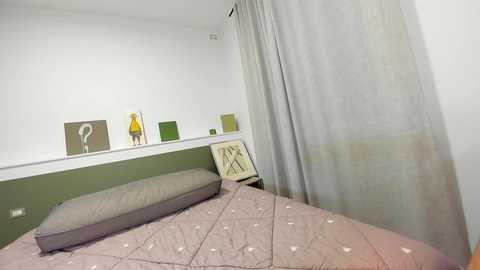 Media: Video of a minimalist bedroom with a grey bed covered in a pink quilt, a white window curtain, and two abstract art pieces on a white shelf.