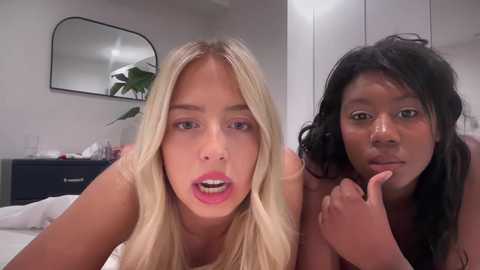 Media: Video of two women in a modern bedroom: a blonde Caucasian woman with pink lipstick and a dark-skinned Black woman with a finger to her lips. Background includes a white wall, a mirror, and a potted plant.