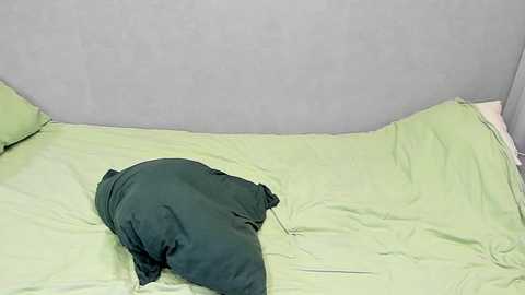 Media: Video of a bed with a dark green pillow and sheet, against a light grey wall. The bed is in a simple, minimalistic room.