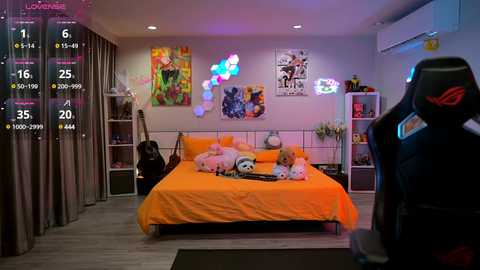 Media: Video of a colorful, cozy bedroom with an orange bed, plush toys, multicolored butterfly lights, anime posters, and a gaming chair.